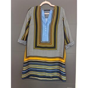 ZARA BASIC Geometric Print‎ V-Neck Tunic Dress Blue Yellow Black White Size M